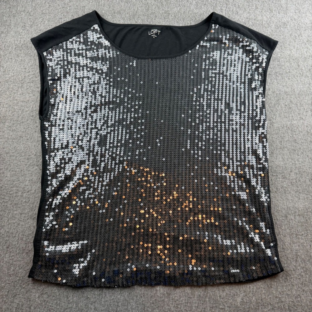 LOFT Sequin Front‎ Top Womens XL Black Silver Copper Ombre Sleeveless Blouse